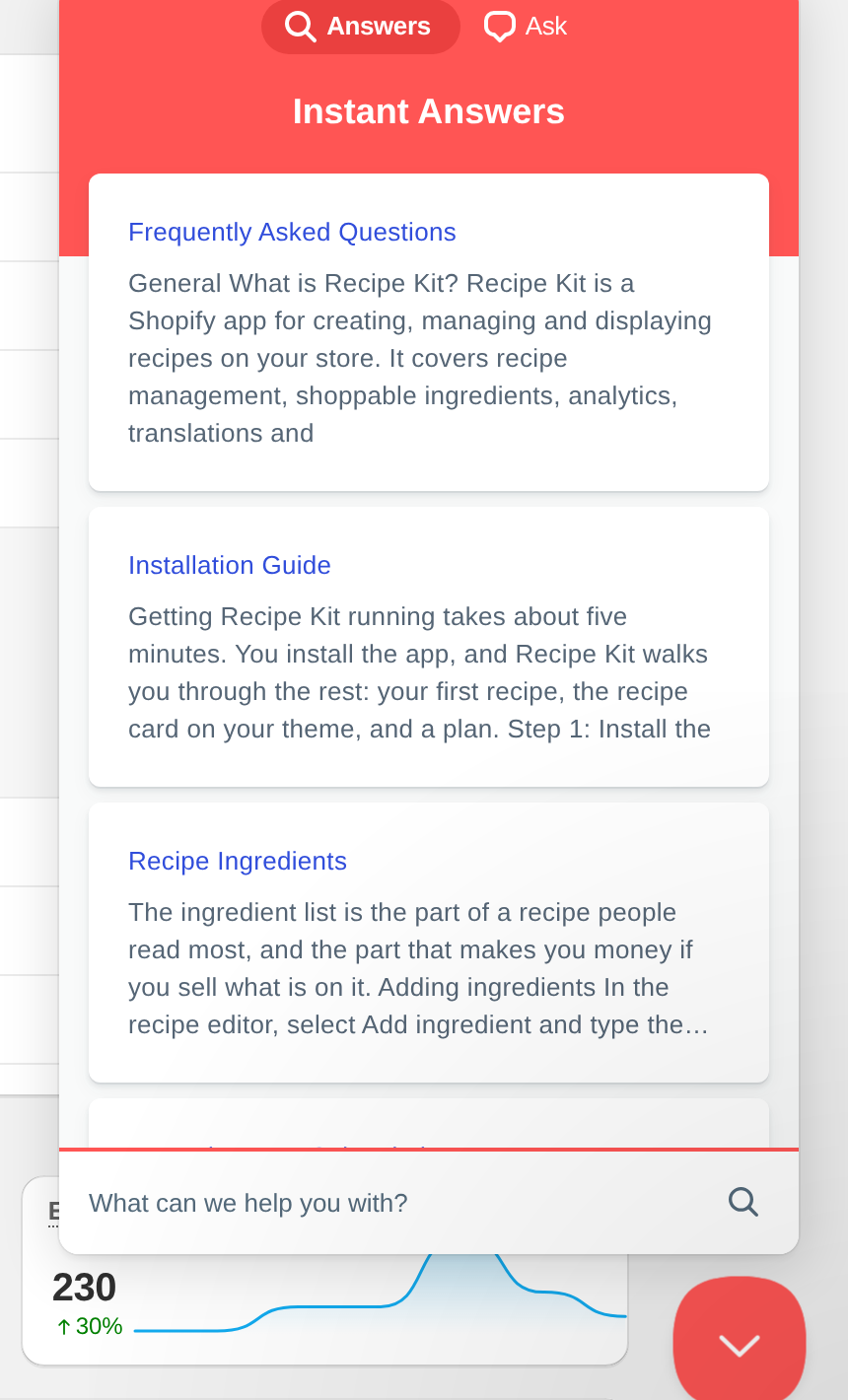 The Recipe Kit home page with the support chat panel open in the bottom right corner