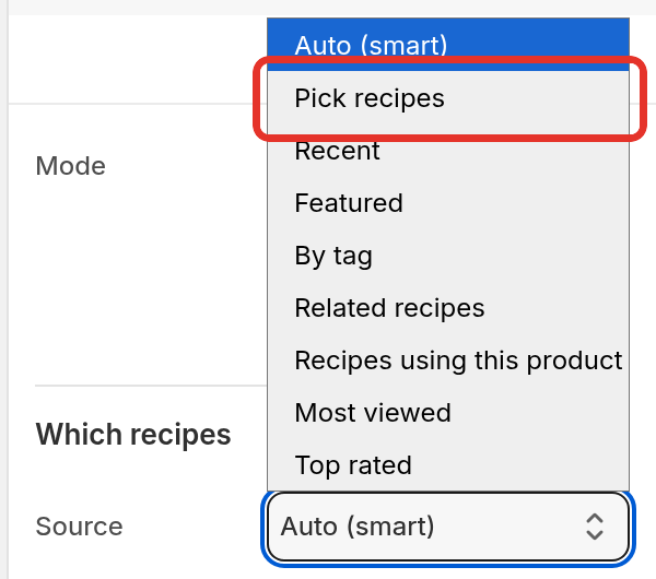 The Recipe List block settings with the Source menu open, listing Auto (smart), Pick recipes, Recent and the other sources