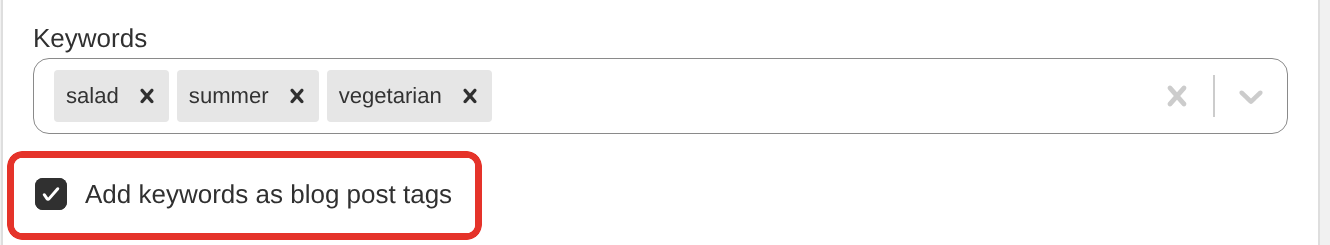 The recipe editor's Keywords field holding several keywords, with the Add keywords as blog post tags checkbox ticked below it