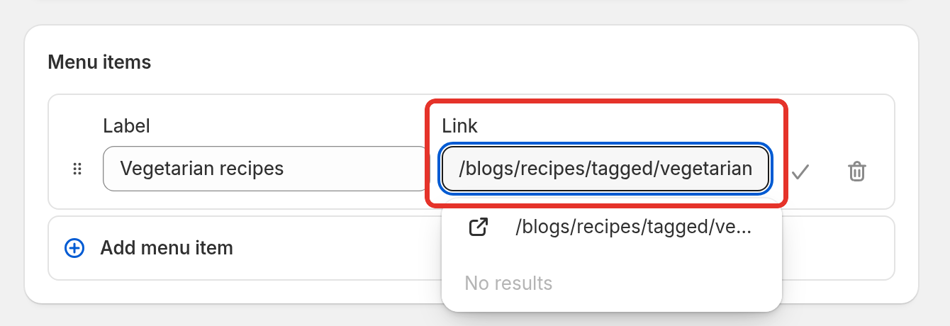 Shopify's Add menu item panel with the label Vegetarian recipes and a link to the vegetarian tag page