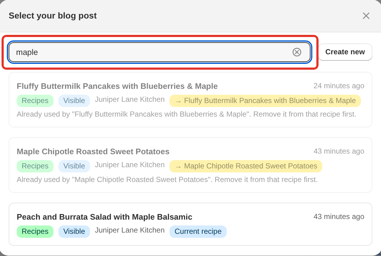 The Select your blog post window with a search typed, listing posts with their blog, visibility and connection badges