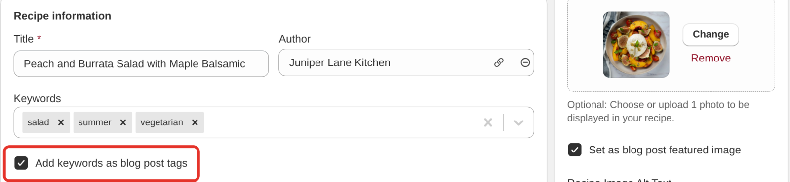 The recipe editor's Keywords field with the Add keywords as blog post tags checkbox ticked below it