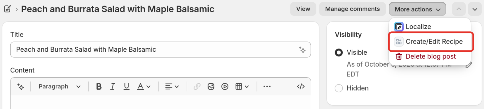The More actions menu on a Shopify blog post with the Create/Edit Recipe item