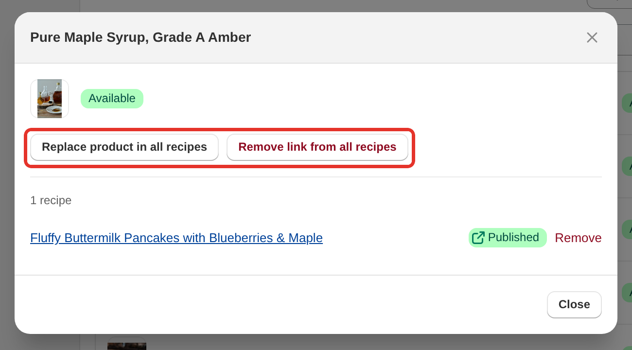 The Linked products tool with a product selected, showing its recipes and the Replace product in all recipes and Remove link from all recipes buttons