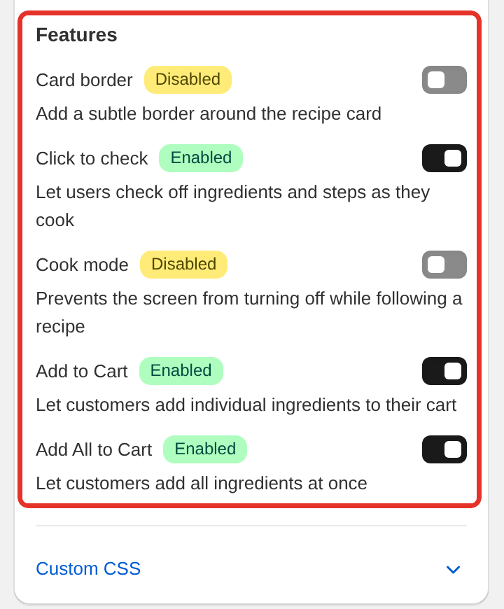 The Features section in Settings with Card border, Click to check, Cook mode, Add to Cart and Add All to Cart switches