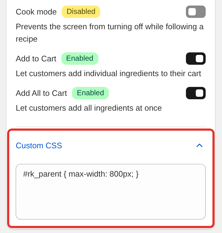 The Custom CSS field open at the bottom of the design card in Settings