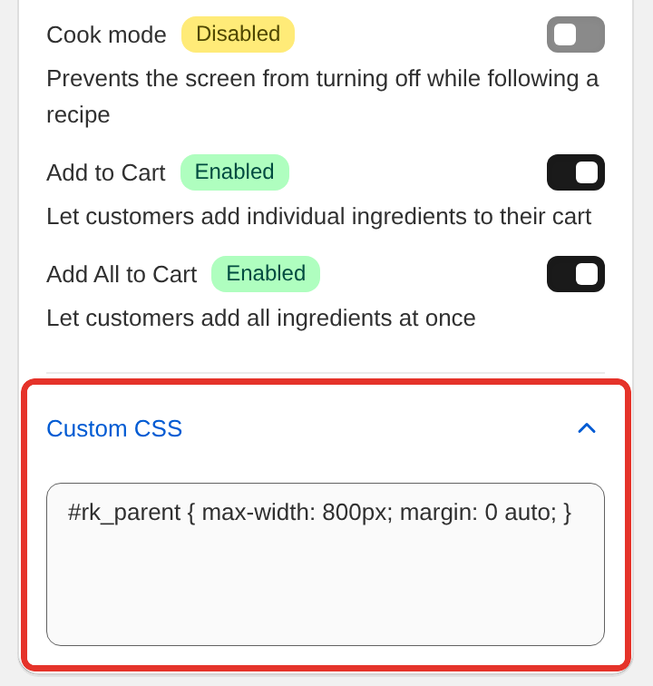 The Custom CSS field open at the bottom of the design card in Recipe Kit Settings