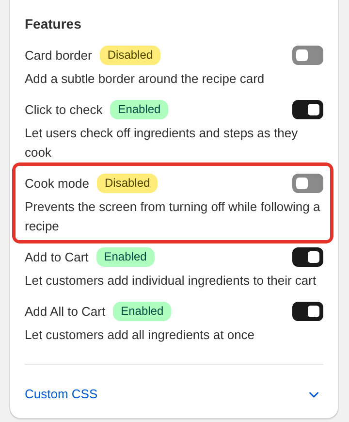 The Cook mode switch in the Features section of Settings