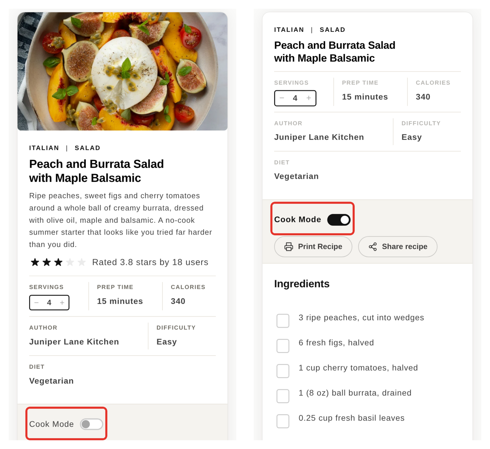 A recipe card on a phone, before and after switching Cook Mode on, with larger ingredients and directions and the photo hidden