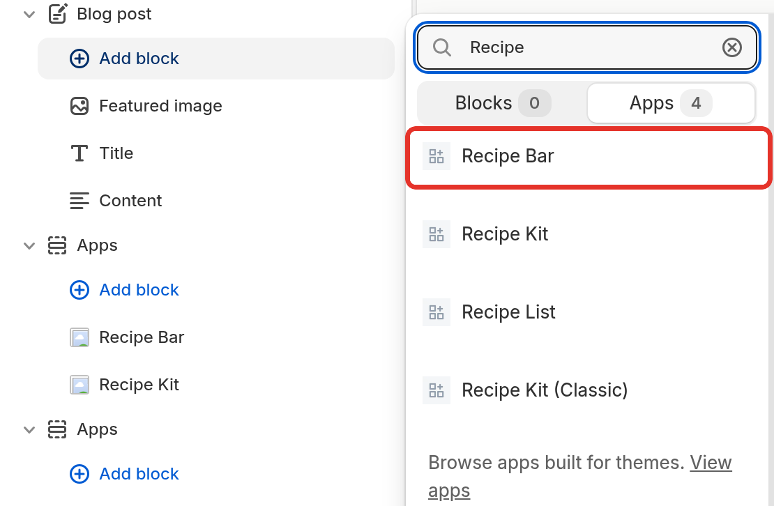 The theme editor's Add block list with the Recipe Bar app block