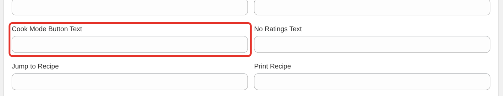 The Cook Mode Button Text field in the Translations & Labels card