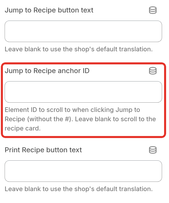 The Recipe Bar block settings in the theme editor, with the Jump to Recipe anchor ID field