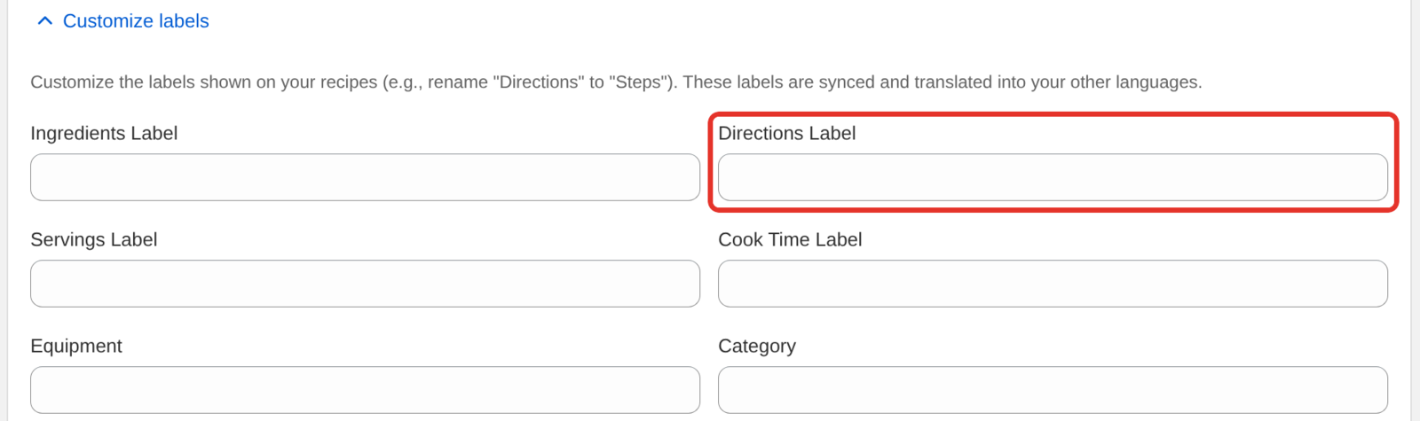 The Customize labels list in Settings with the Ingredients, Directions, Servings and Cook Time label fields at the top