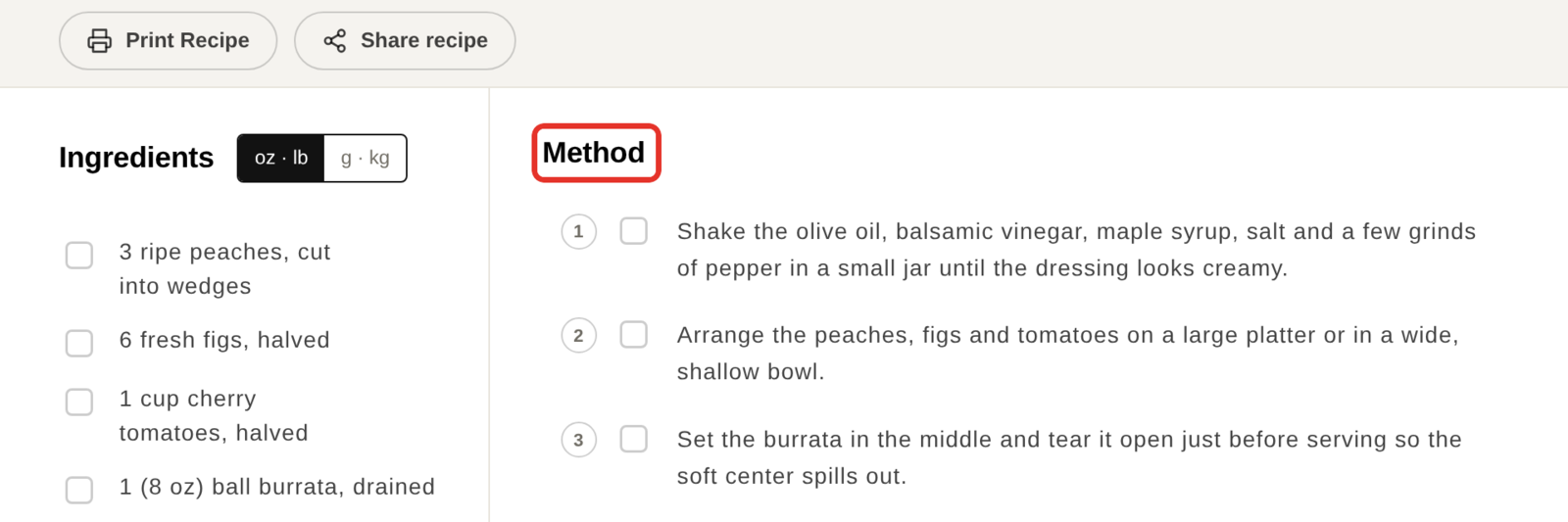 A recipe card on the storefront with the directions heading now reading Method