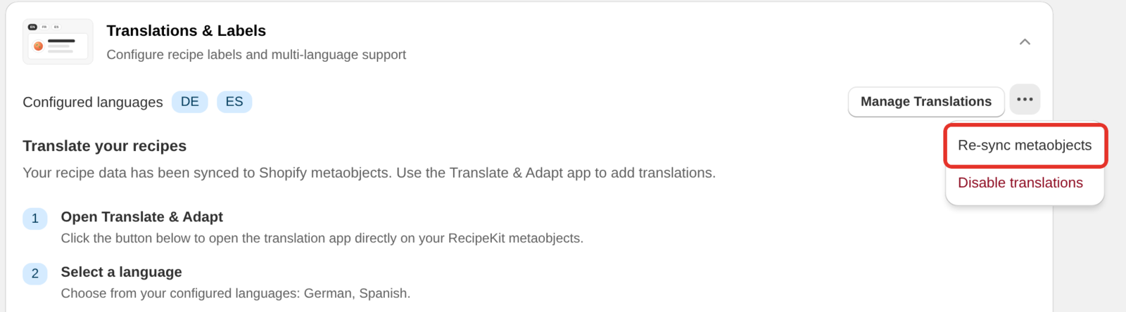 The More actions menu in Translations & Labels with Re-sync metaobjects and Disable translations
