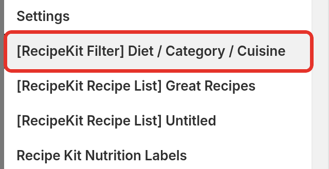 Translate & Adapt's list of metaobject entries with the [RecipeKit Filter] Diet / Category / Cuisine entry