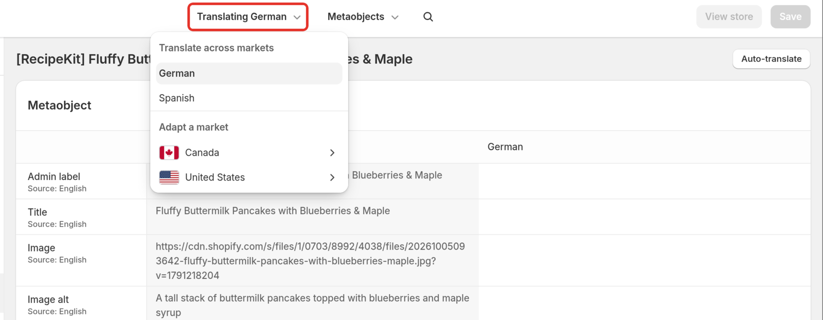 Translate & Adapt with the language menu open at the top of a recipe entry