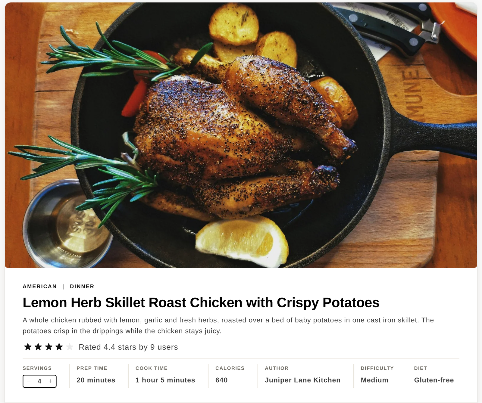 A Recipe Kit recipe card with photo, title, description, star rating, servings, times, calories, author, difficulty and diet