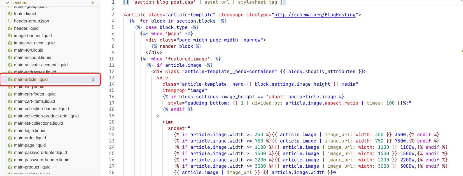 Shopify's code editor with sections/main-article.liquid selected in the file list