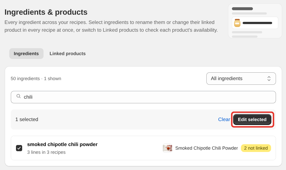 The Ingredients tab with smoked chipotle chili powder ticked and the Edit selected button highlighted