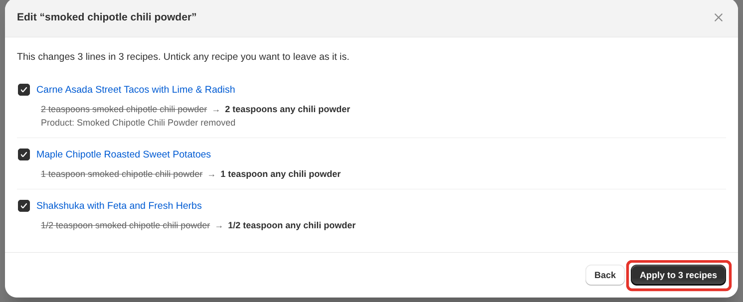 The preview listing three recipes, each line crossed out with its new wording beside it, and the Apply to 3 recipes button