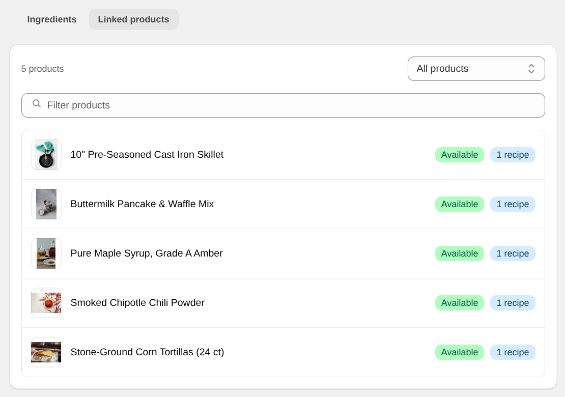 The Linked products tab listing five linked products, each with an Available badge and the number of recipes that use it