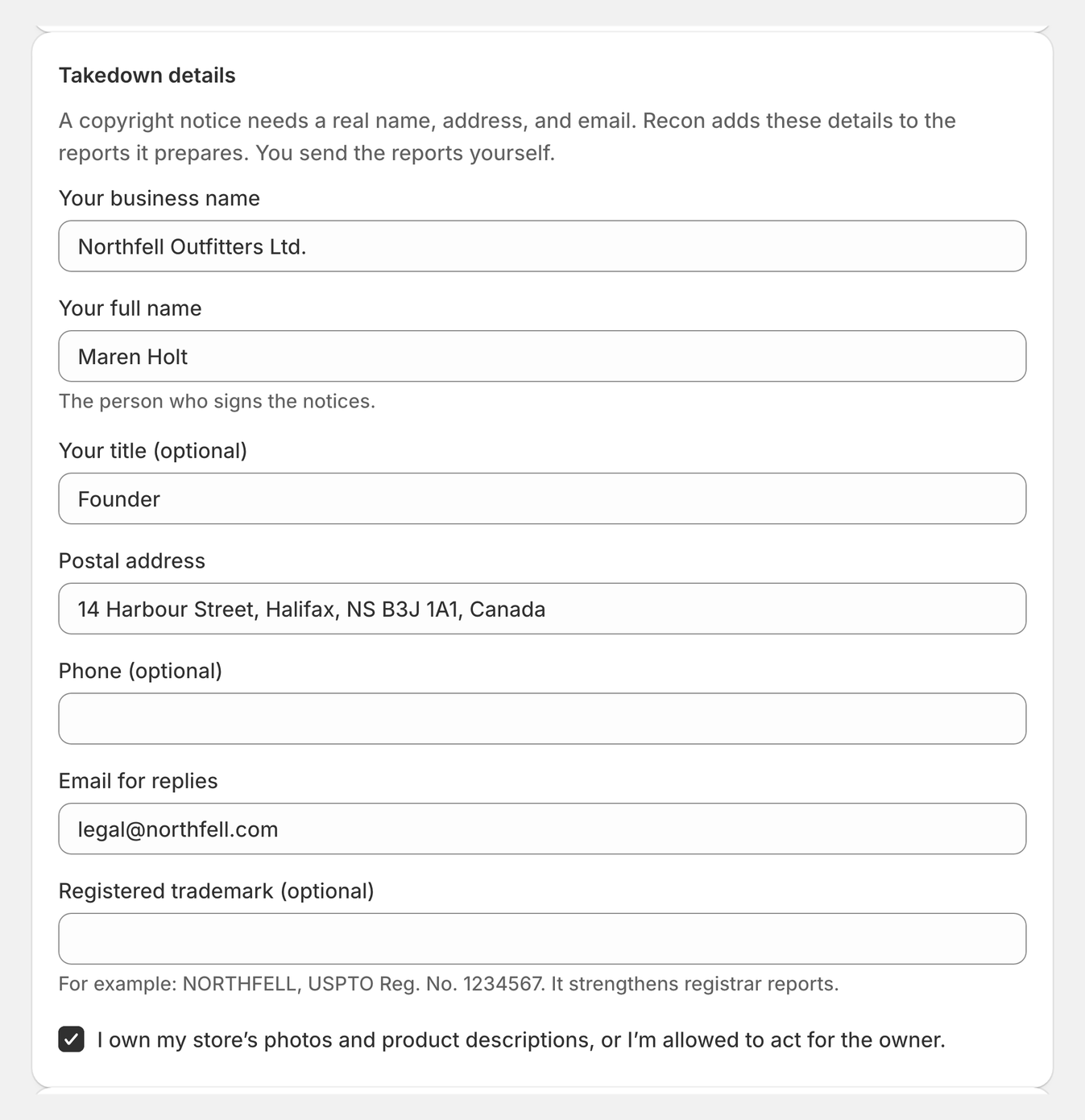 The Takedown details section in Settings, filled in for an example store