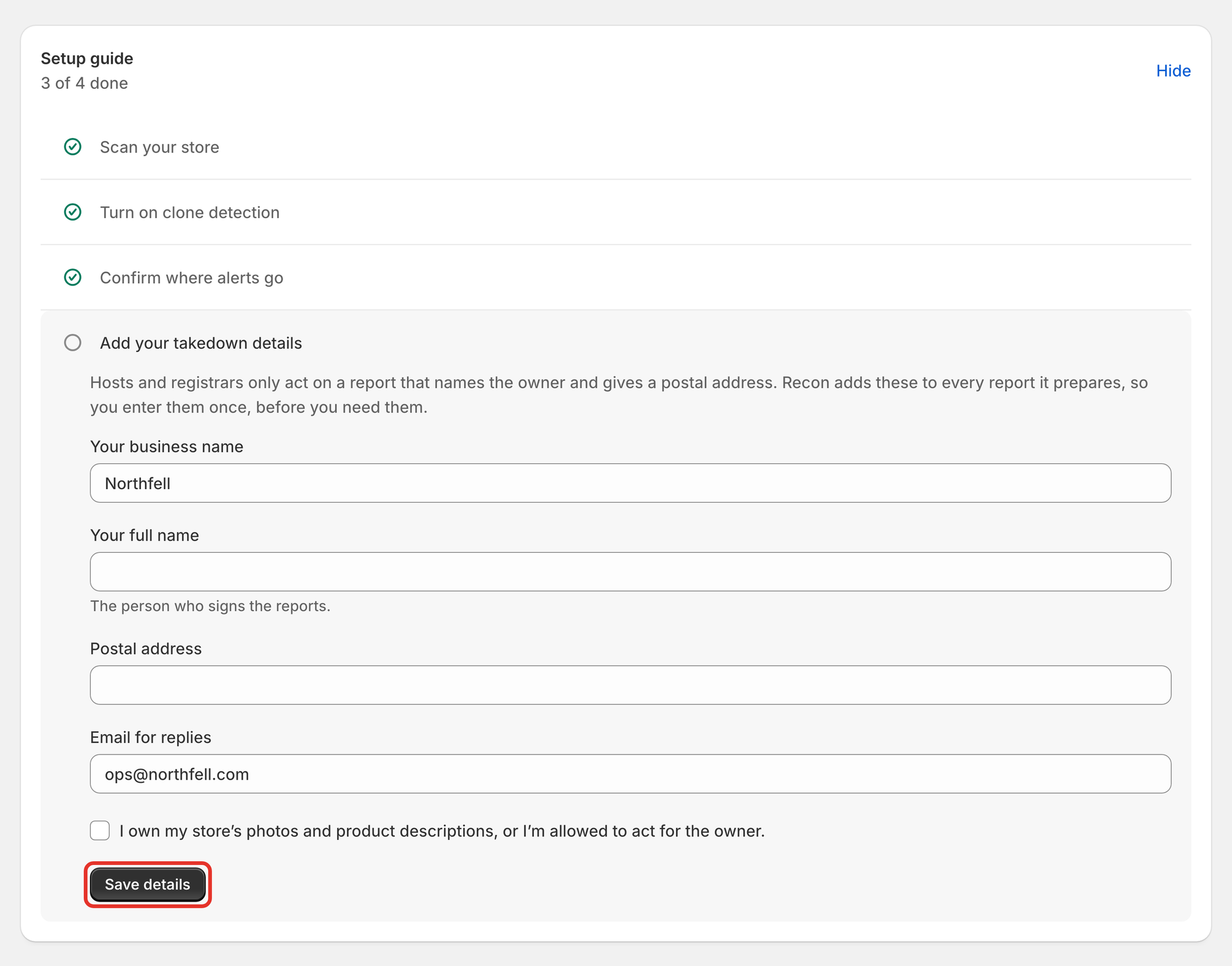 The Setup guide with the takedown details form open and Save details outlined