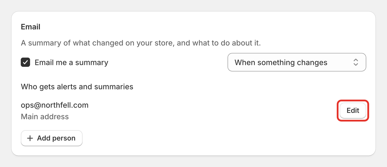 The Email card in Recon Settings with the Edit button for the main address outlined