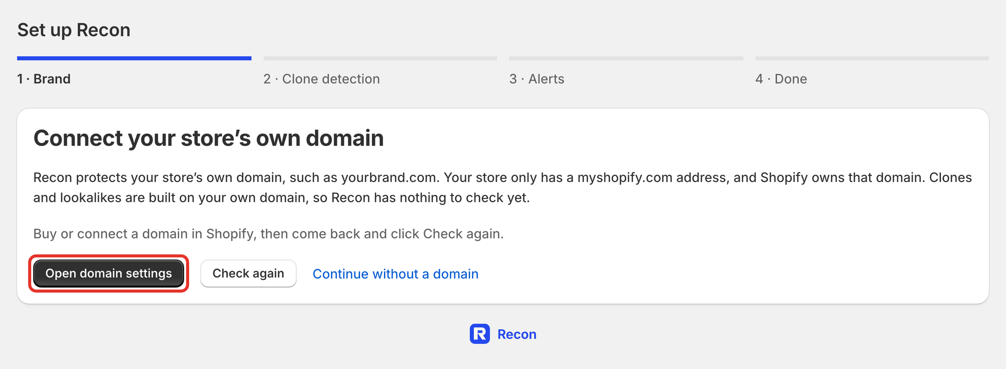 The Connect your store’s own domain screen, with Open domain settings outlined