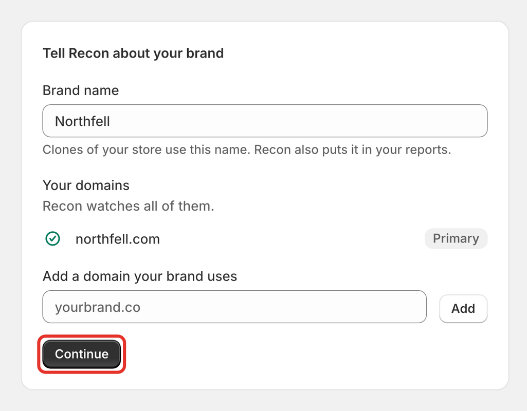 The Tell Recon about your brand card, with Continue outlined