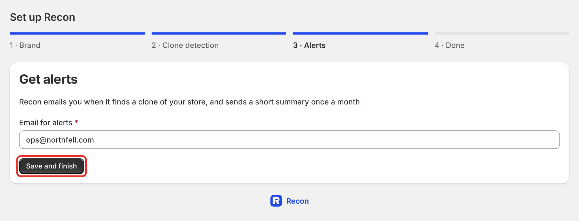 The Get alerts step, with Save and finish outlined
