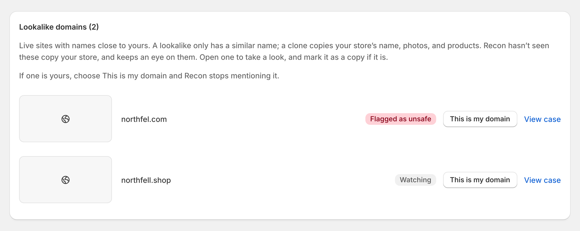 The Lookalike domains card with northfel.com flagged as unsafe and northfell.shop watched