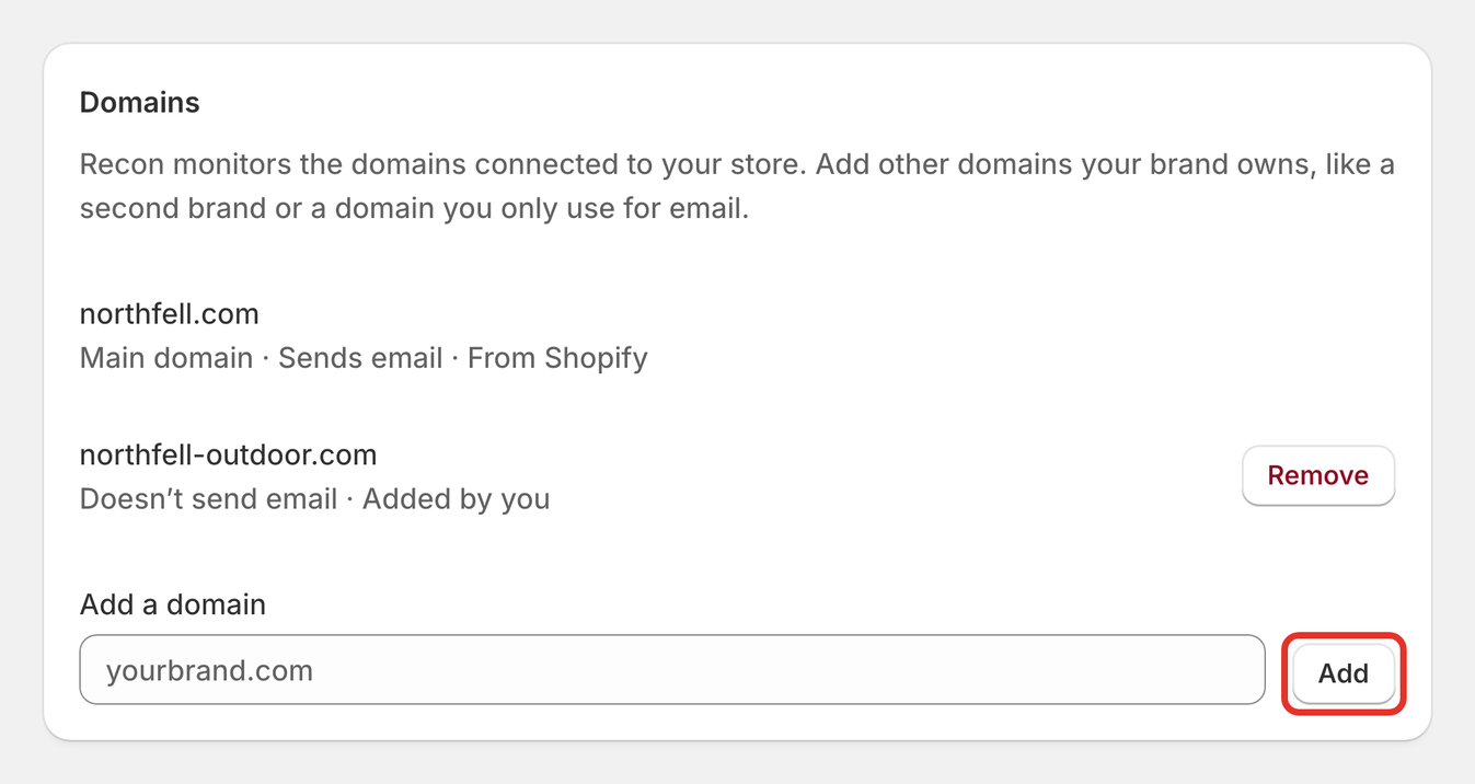 The Domains card in Recon Settings, with a Shopify domain, an added domain and the Add button outlined