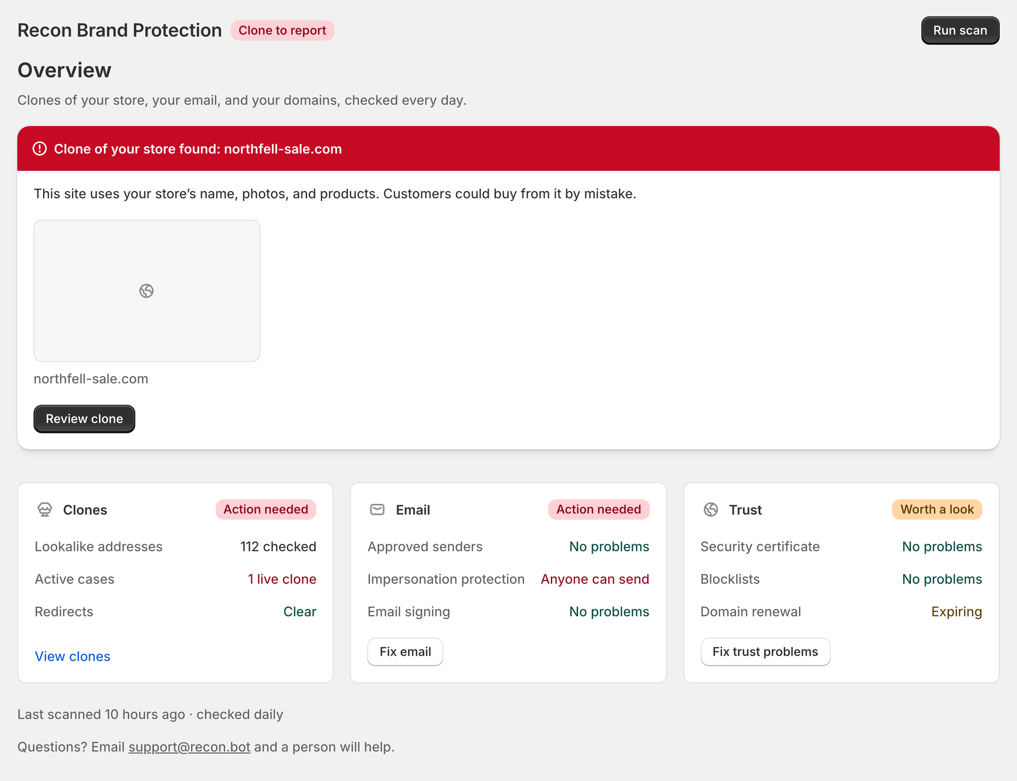The Overview page with a clone alert and the Clones, Email and Trust cards