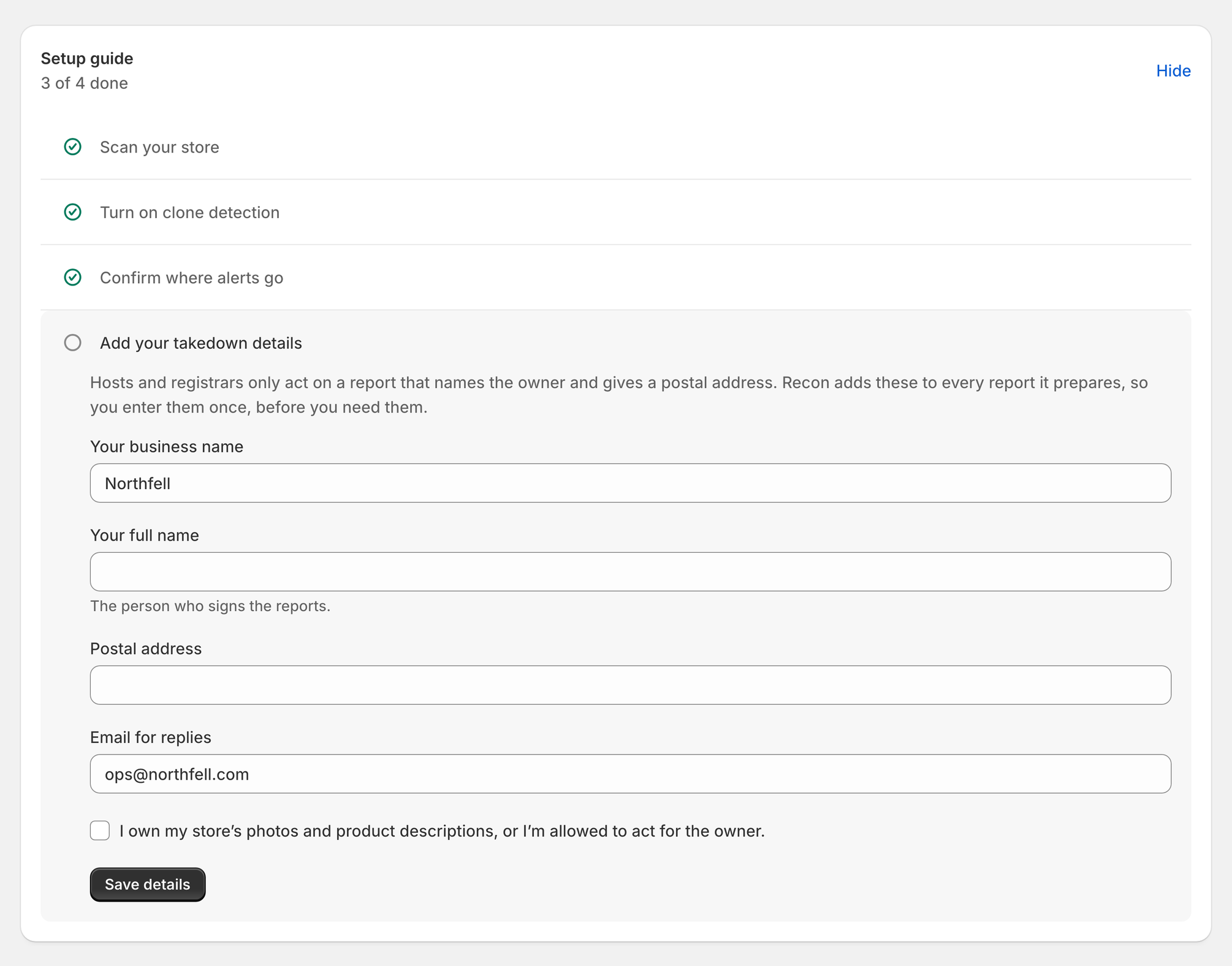 The Setup guide with three steps done and Add your takedown details open