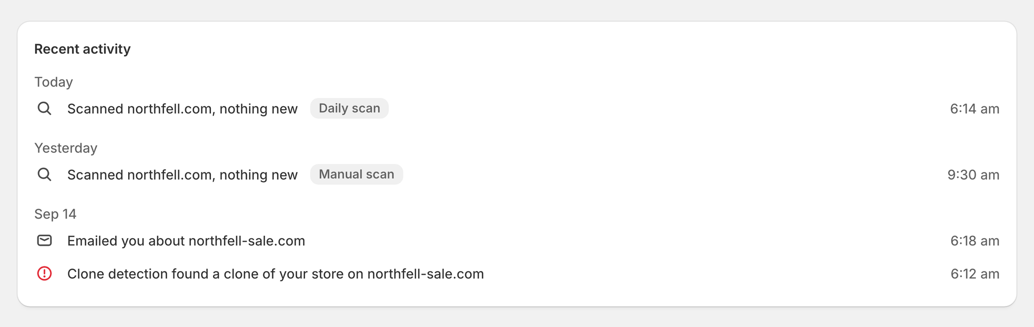 The Recent activity card with scans, a clone found by clone detection and an alert email