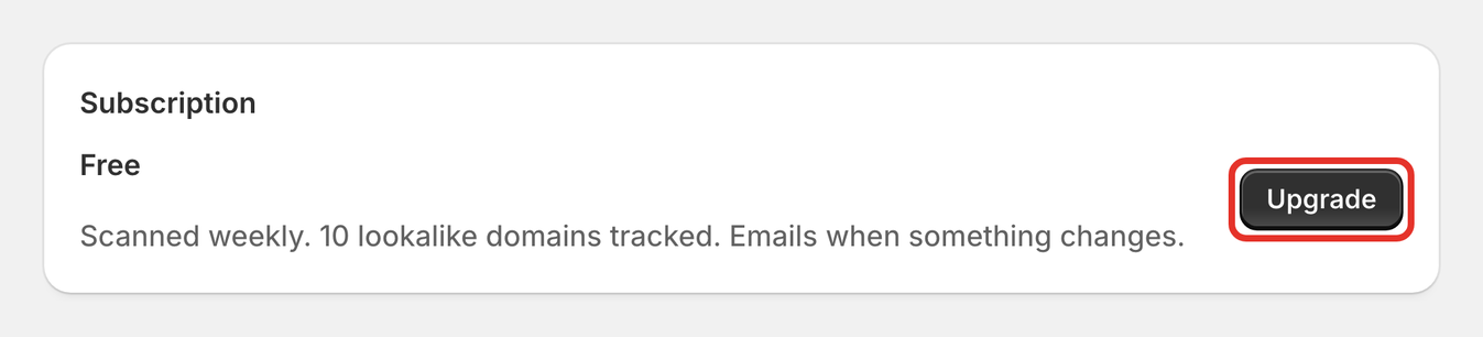 The Subscription card in Recon Settings on the Free plan, with the Upgrade button outlined