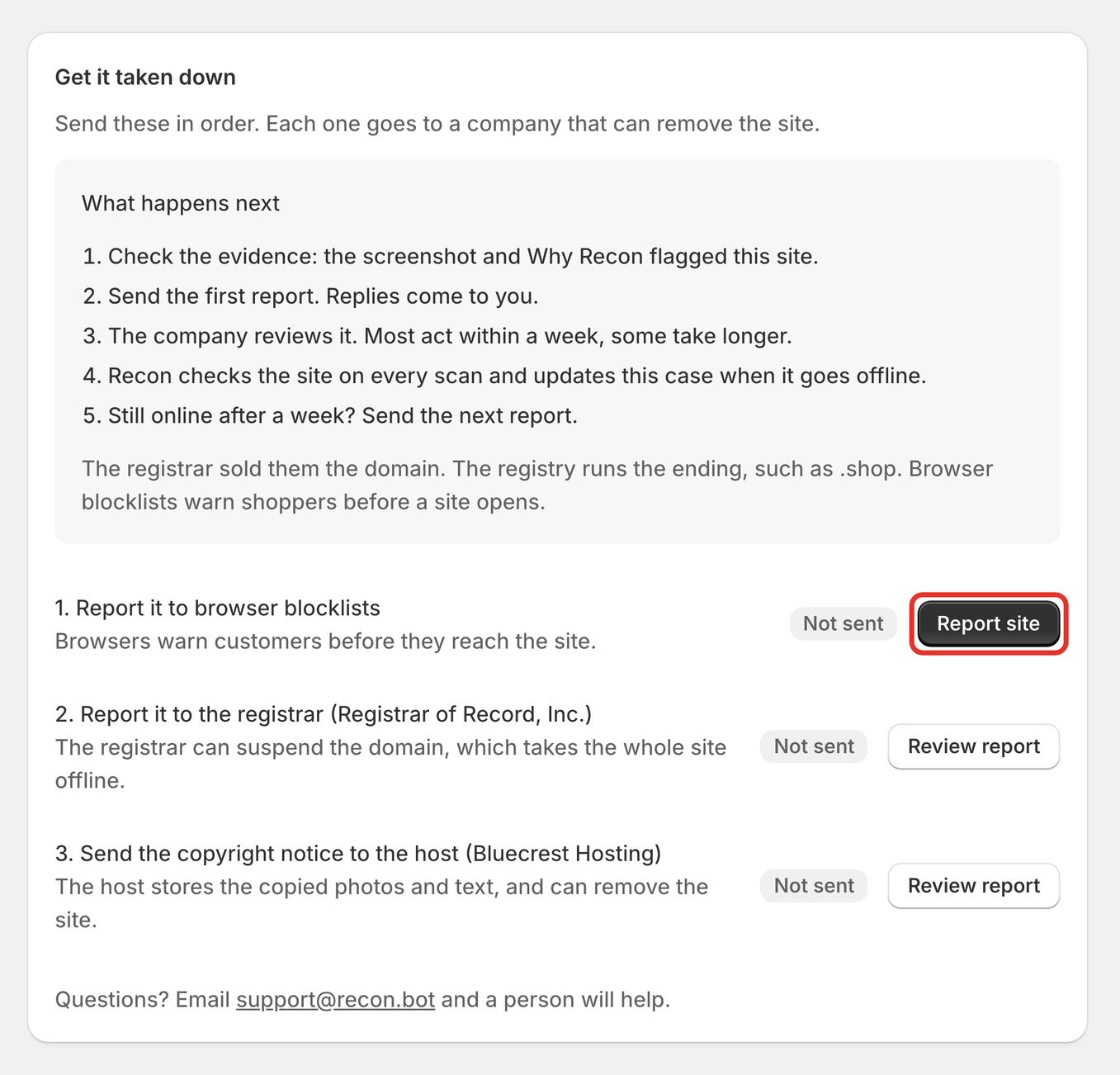 The Get it taken down checklist with Report site outlined on the first step