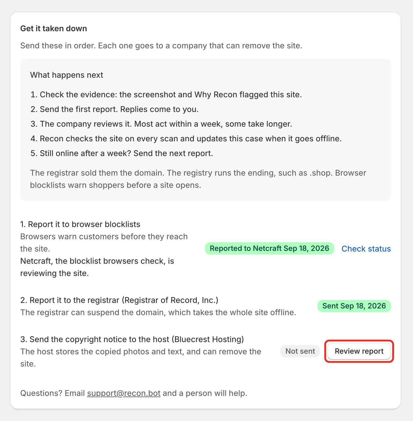The checklist after two reports, with Review report outlined on the host step
