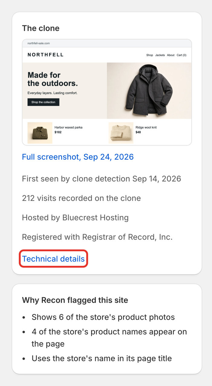 The clone panel and Why Recon flagged this site, with Technical details outlined