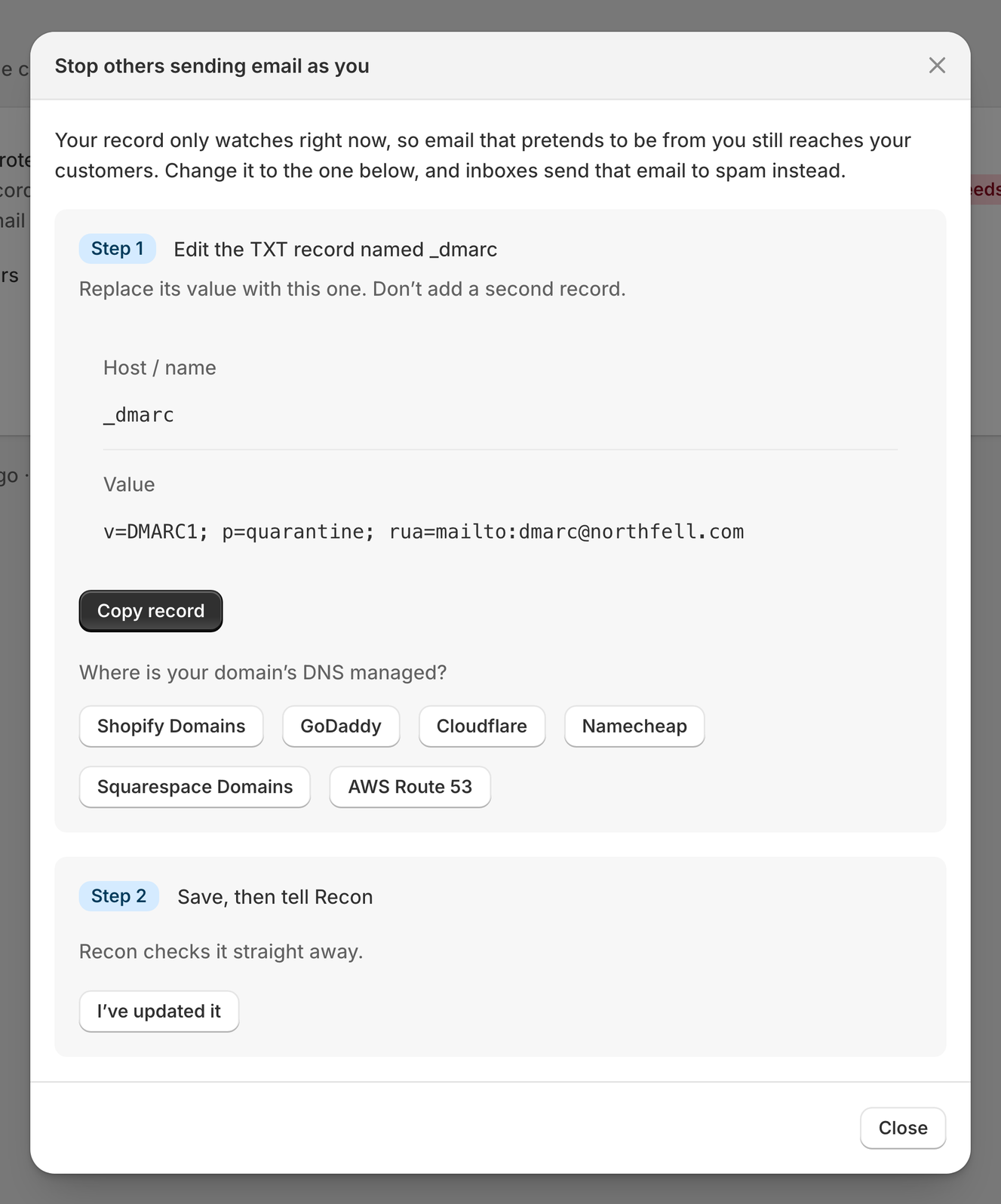 The Stop others sending email as you window, with the _dmarc record and the Copy record button