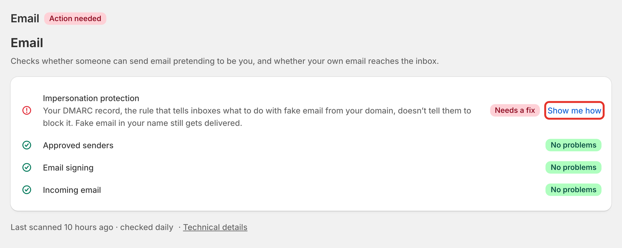 The Email page with Show me how outlined on the Impersonation protection row