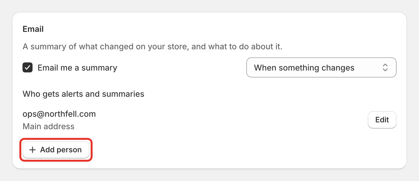 The Email card in Recon Settings with the Add person button outlined