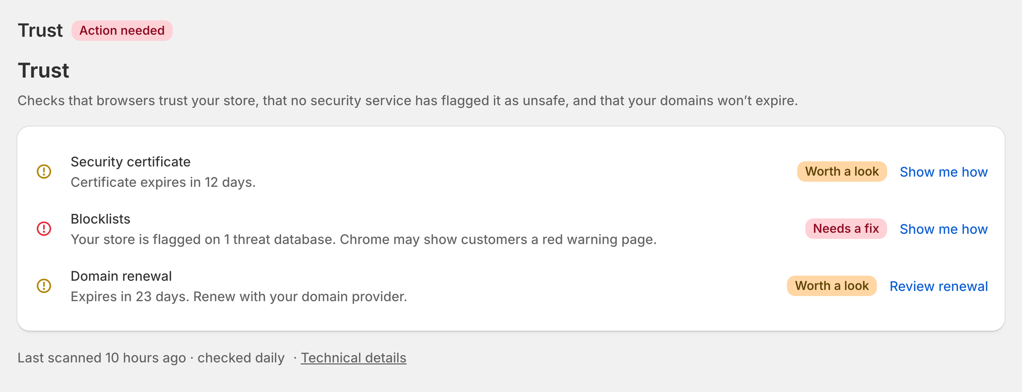 The Trust page with the security certificate expiring, a blocklist listing and the domain renewal due