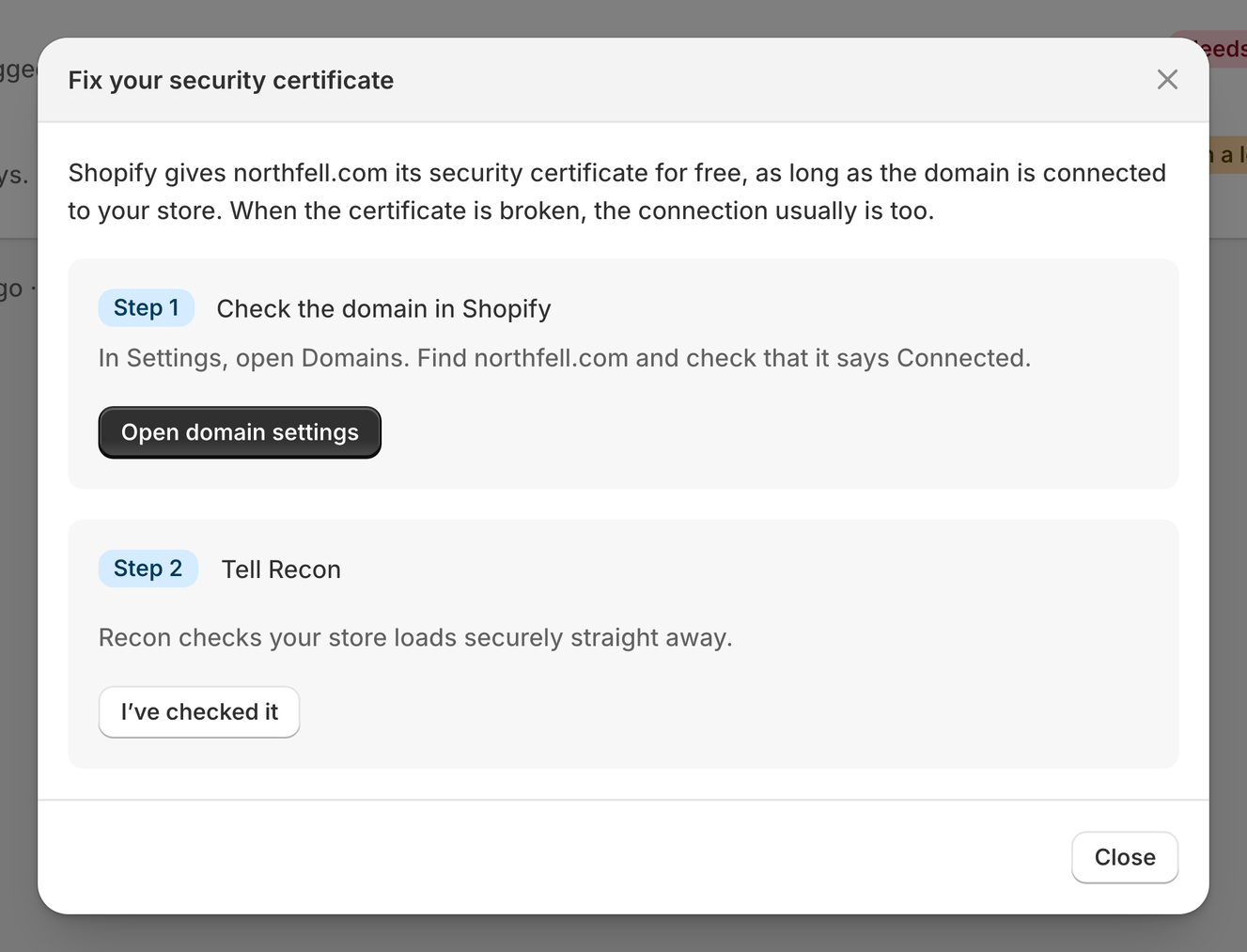 The Fix your security certificate window with the Open domain settings and I’ve checked it buttons