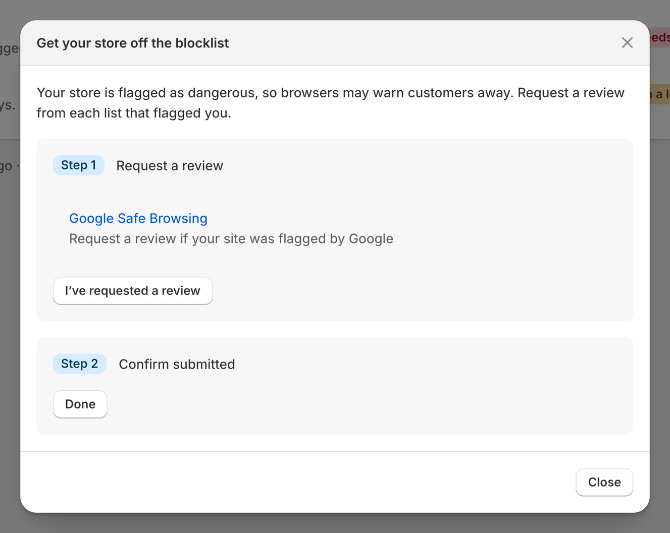 The Get your store off the blocklist window with a Google Safe Browsing review link