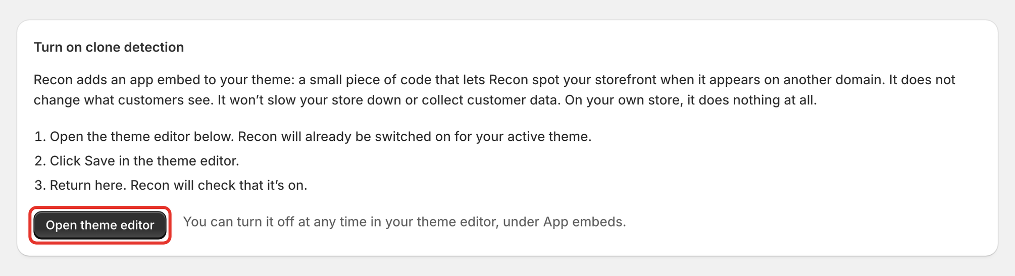 The Turn on clone detection card on the Clones page, with Open theme editor outlined