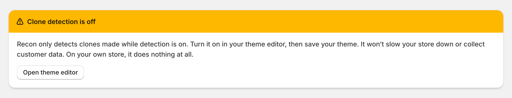 The Clone detection is off banner with an Open theme editor button