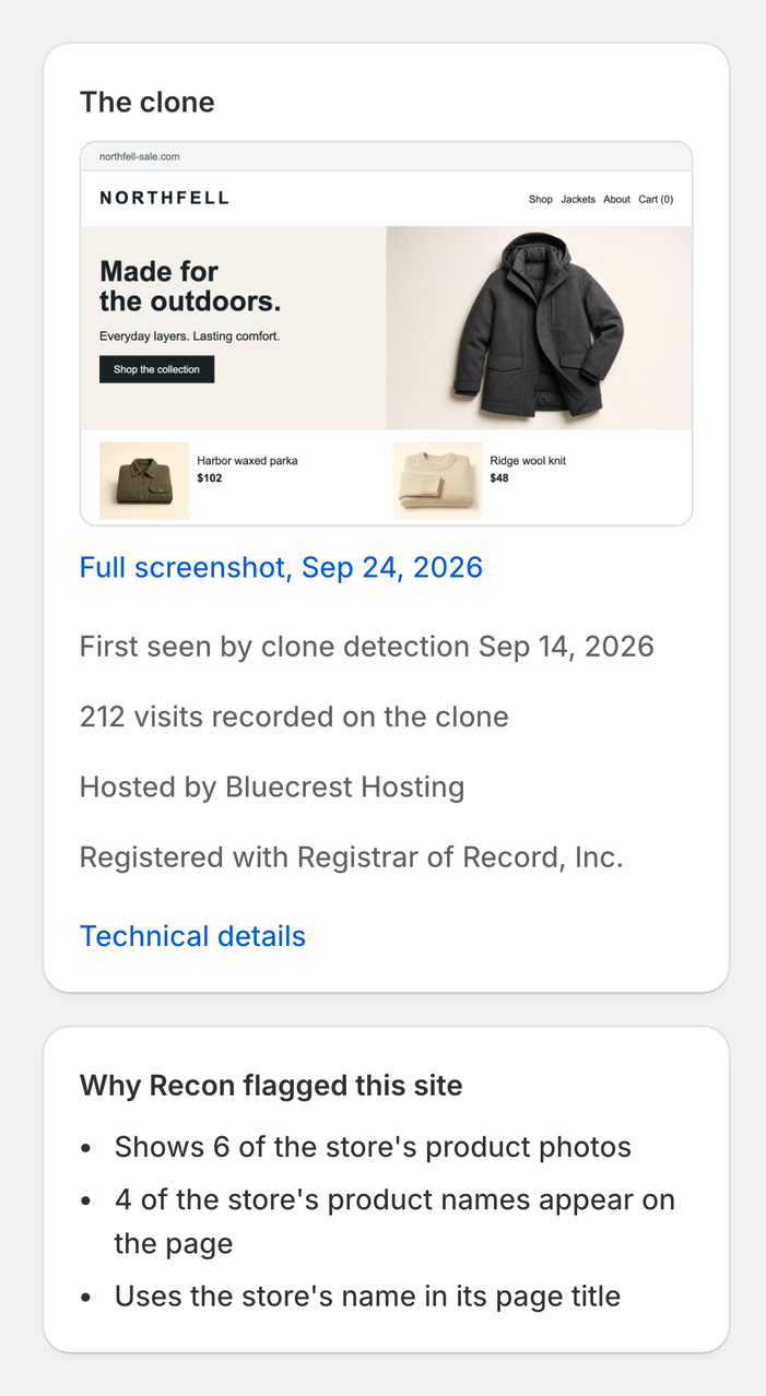 The clone side panel with a screenshot of the copy, the host, the registrar and the reasons Recon flagged the site